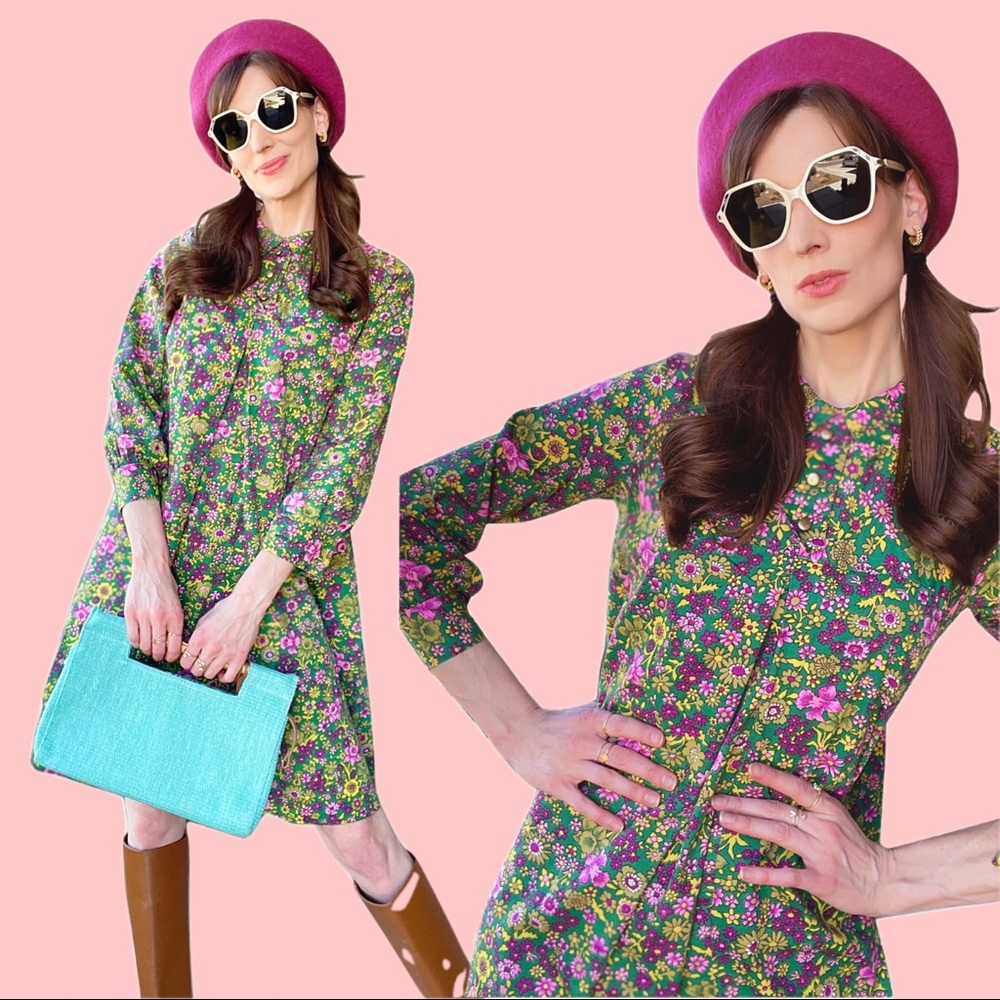 VTG 60s 70s UNION Floral Printed Inverted Pleat Collared Babydoll A-Line Dress